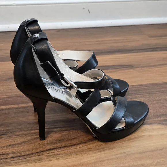 Michael Kors Evie Platform Black Leather Open Toe Sandals Shoe Size 10, EUC - Picture 2 of 4